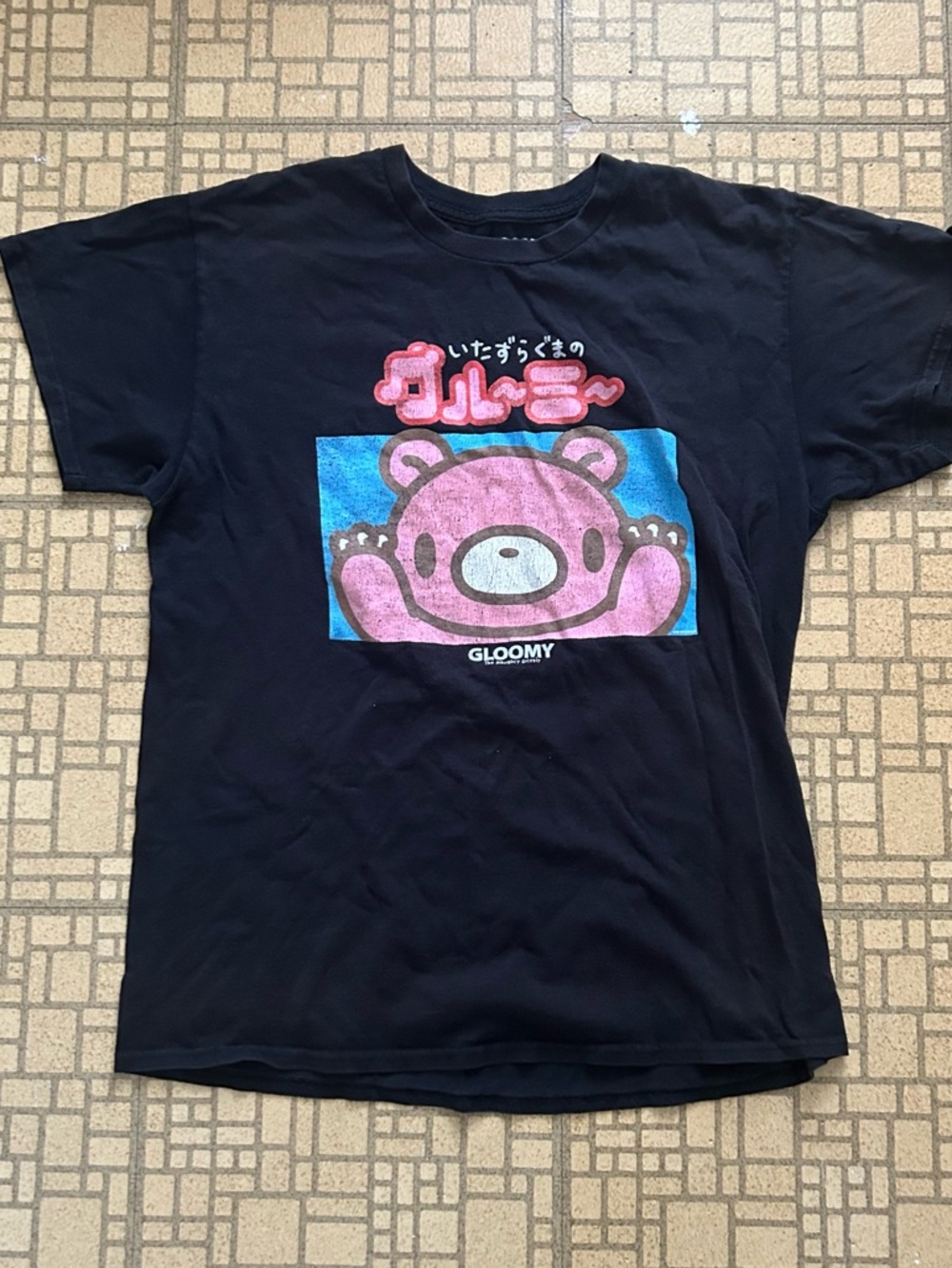 Gloomy Bear Kids Black Tee with Pink Bear Graphic